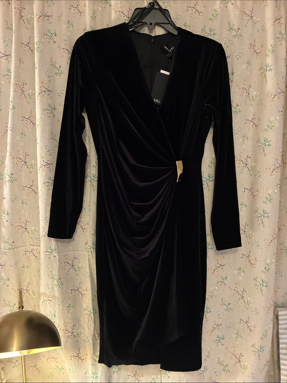 NWT Halston Elegant Black Velvet Wrap Dress with Gold Accent Sz 4